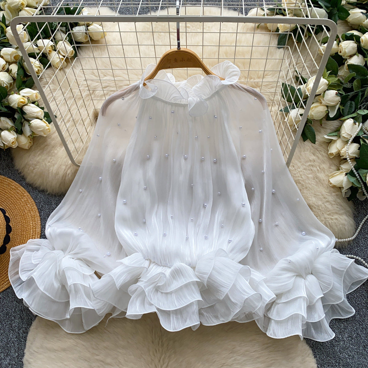 Breathable Shirt with Breathable Edges and Pearl Accents