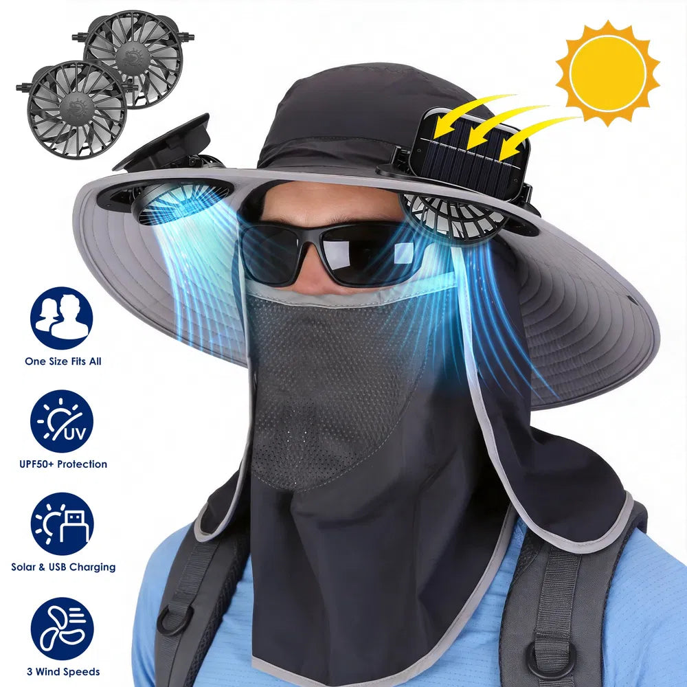 2 En 1 Solar Fan Hat UPF50 & Sun Hat avec des ventilateurs large Brim Chapeau de pêche avec couvercle de visage