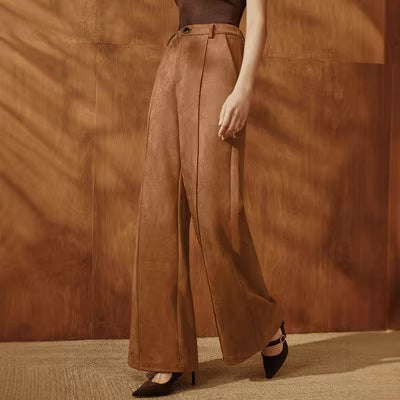 European and American Retro Suede Pantalons Wide-leg Femmes High-waited with A Draped Drape