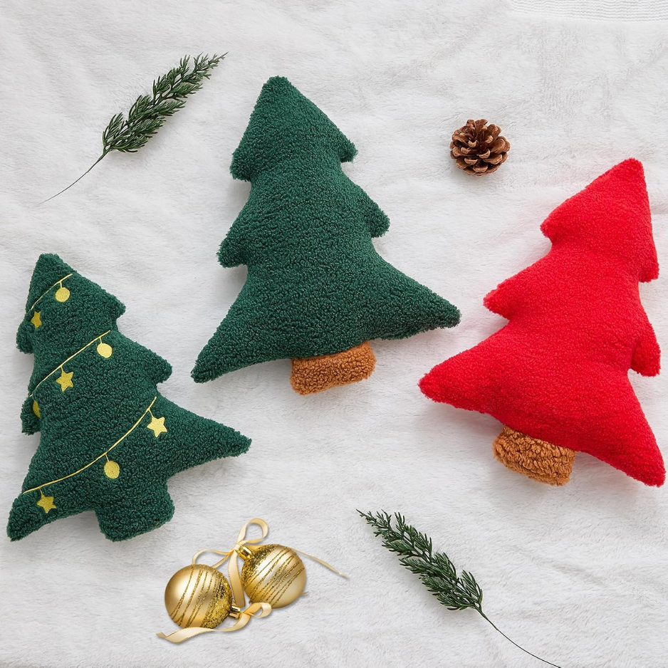 Oreillers de Noël Ensemble de 2 sapins de Noël rouges en forme d'oreiller en peluche douce
