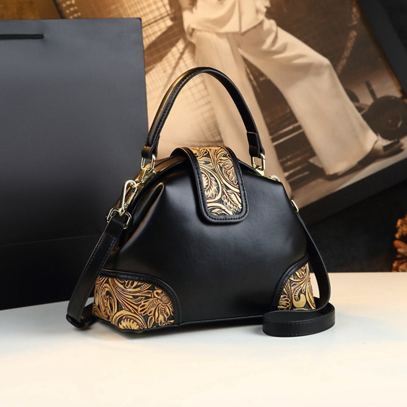 Sac d'épaule en cuir véritable mode avec carving en cuir et motifs floraux