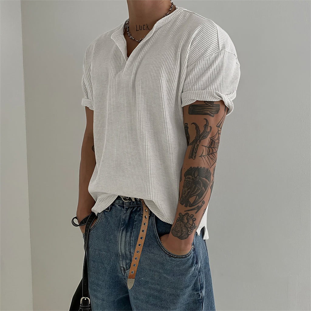Henry Collar Waffled T-shirt à manches courtes Style américain d'été pour hommes Base simple Top Lig