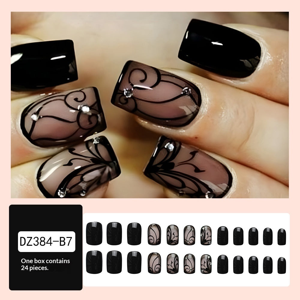 24 pièces Short Square Mystérieux Black Vine-stude Diamond-accented Nail Polish Set. Appuyez sur