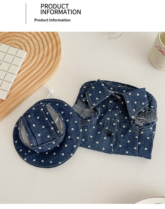 Sphynx Chat Polka Dot Denim Vest avec boutonnage et chapeau pour chats sans cheveux