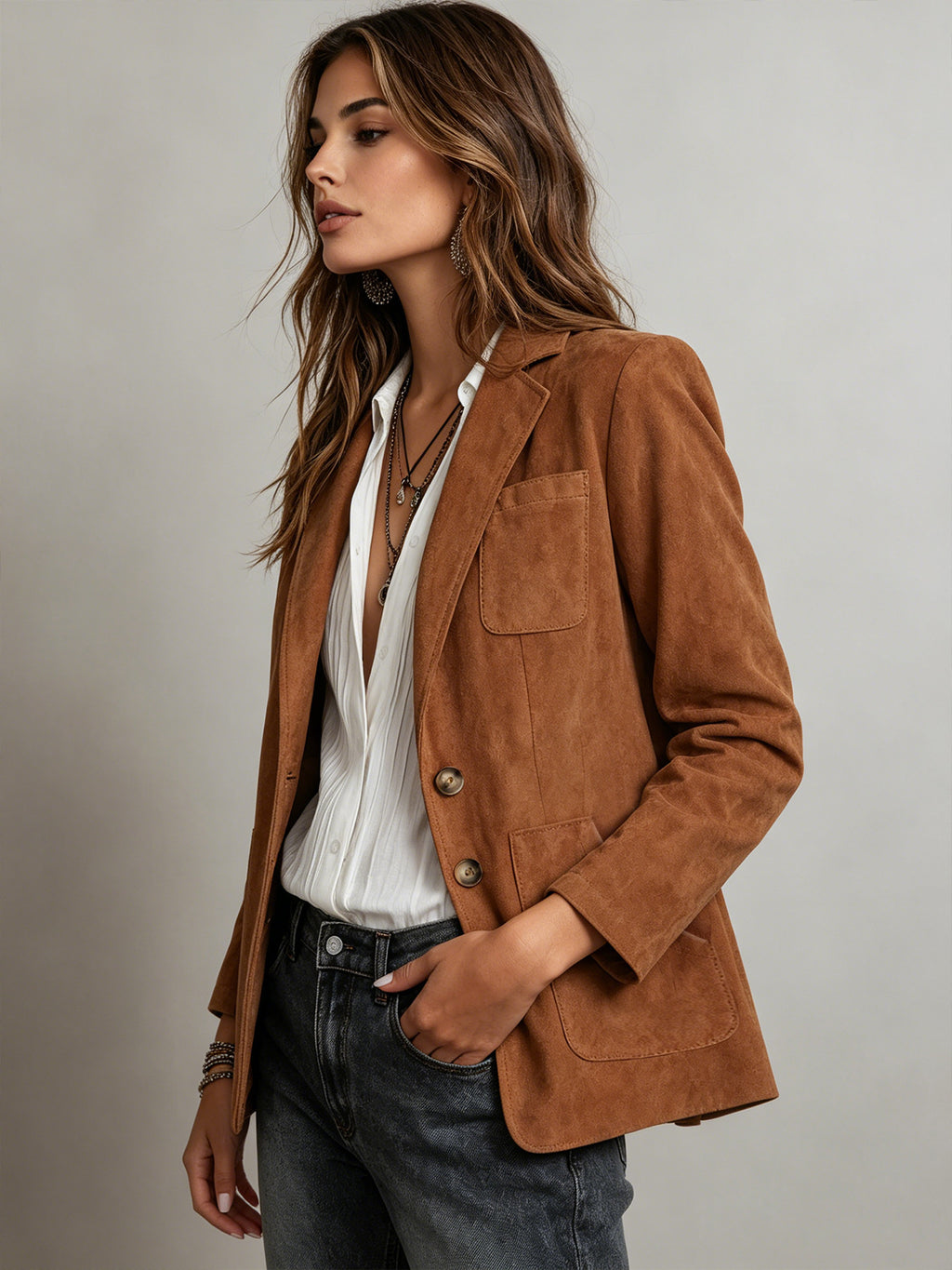 Femmes Retro Lapel Faux Suede Blazer Veste