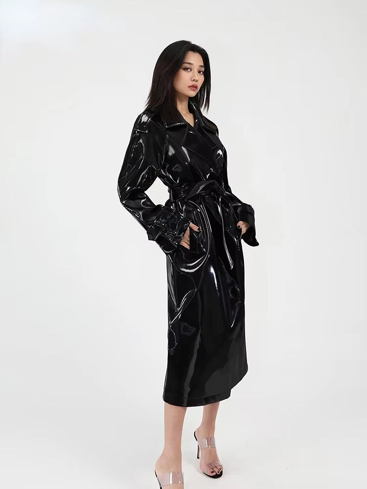 Femmes miroir-look cuir mode boîte de nuit longue tranchée manteau veste