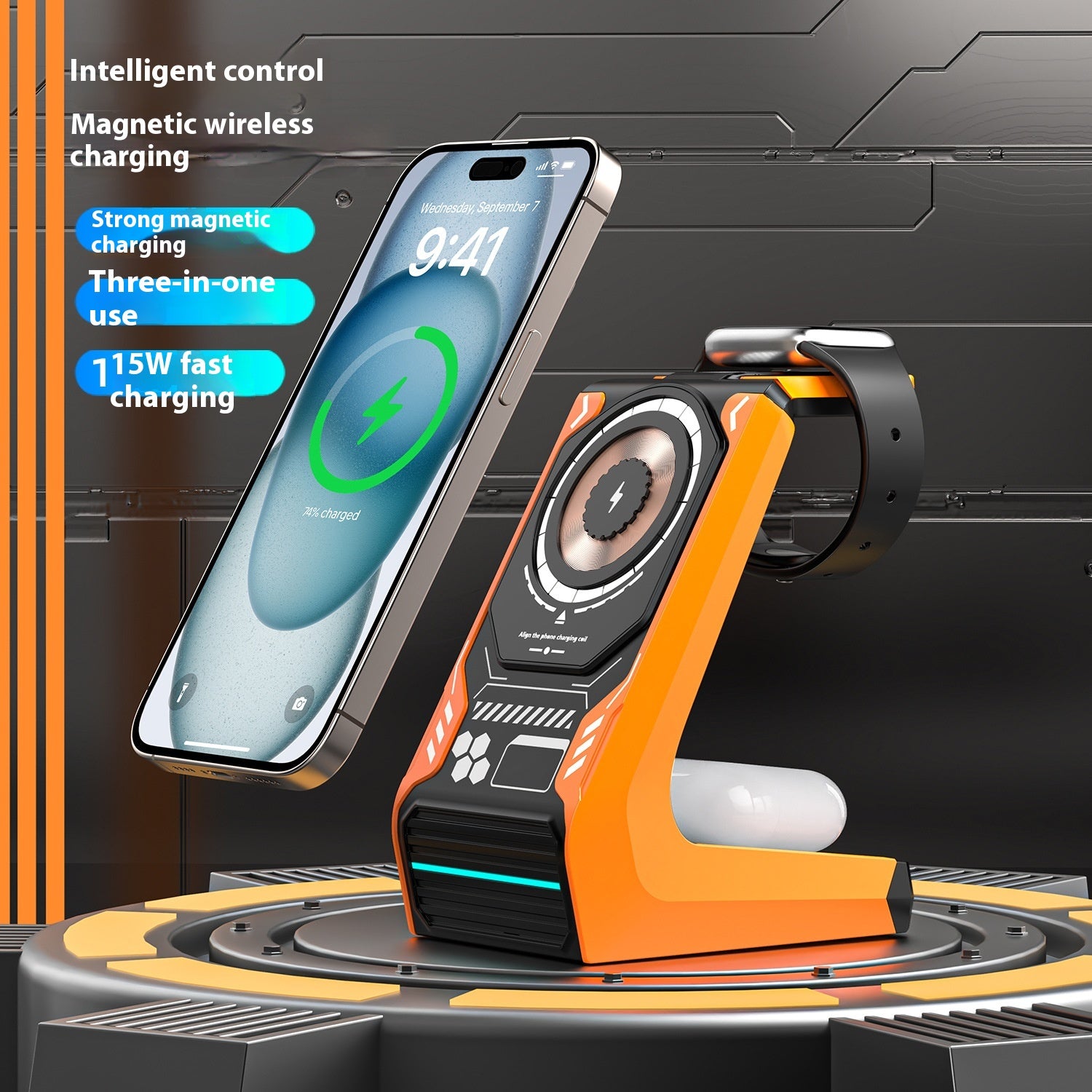 Support de téléphone mobile pour chargeur sans fil magnétique trois en un