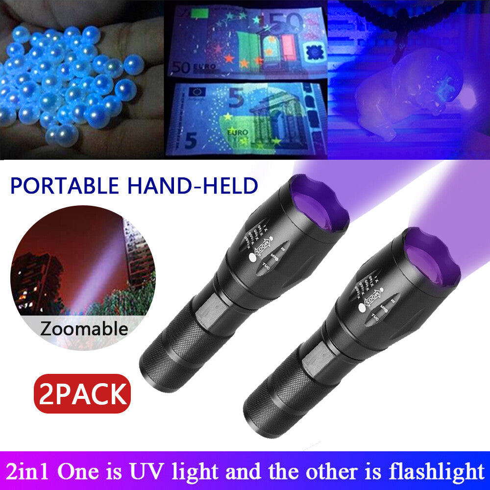 UV Flashlight, Zoomable Ultra Violet Flashlight, LED Blacklight Lamp, Super Bright 250000lm 2 In 1
