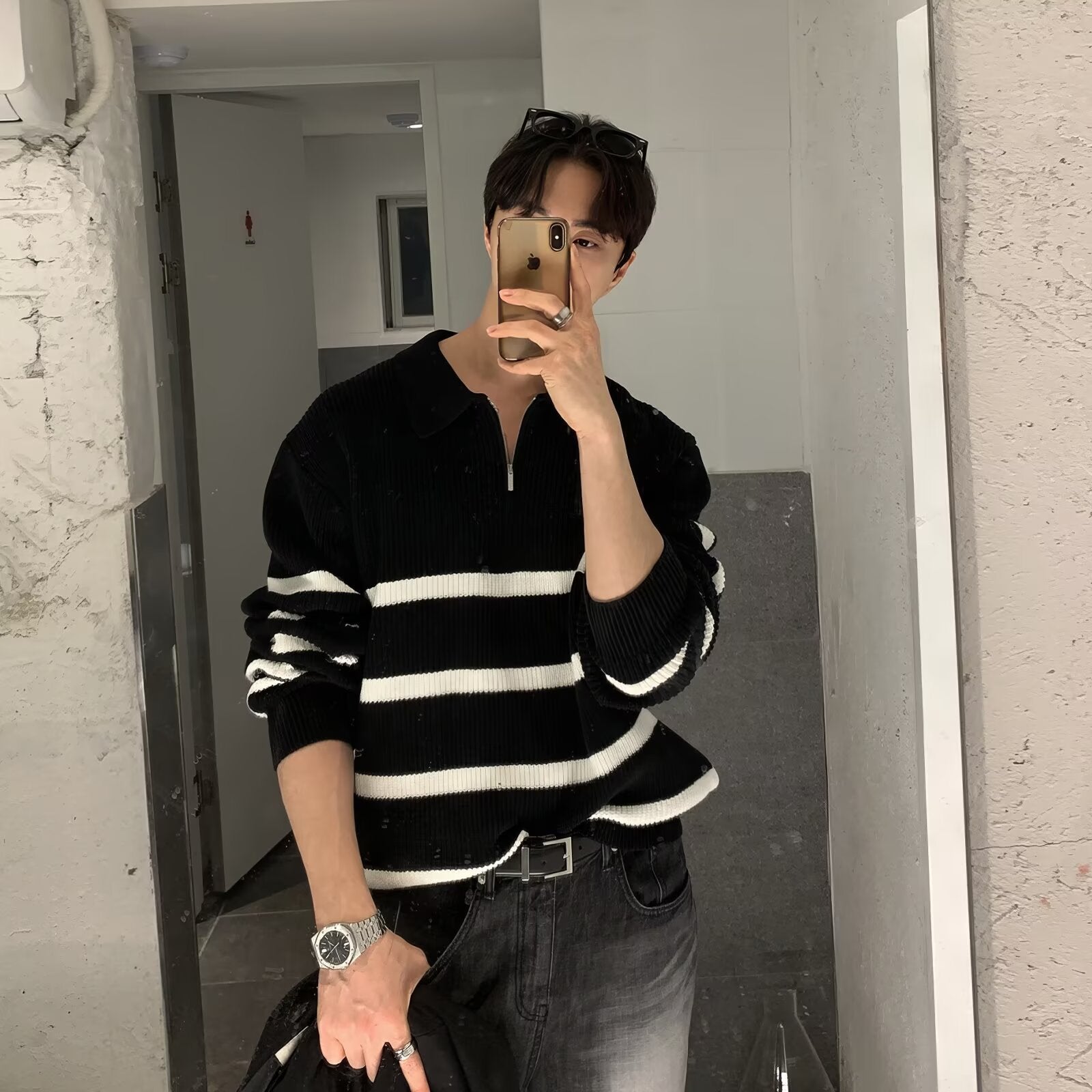 Trendy marque rayé manches longues hommes Retro coupe demi-zip