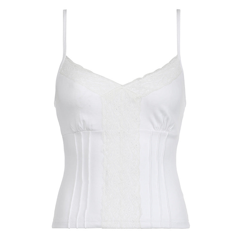 Top Halter en col V en dentelle mince de couleur solide avec une couture définie