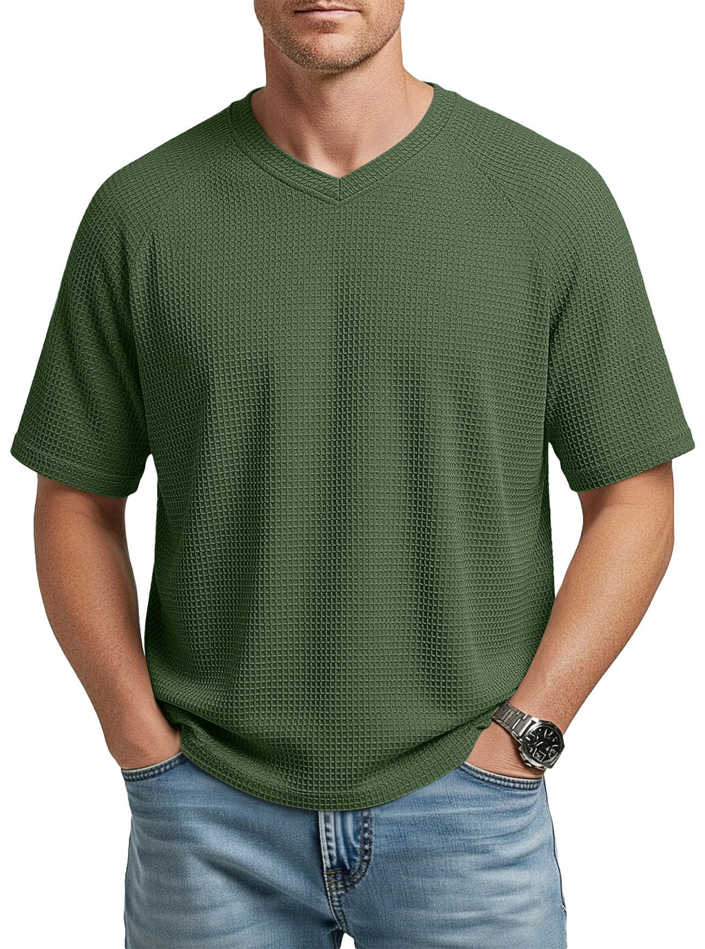 T-Shirt en tricot à manches courtes Raglan col V pour hommes