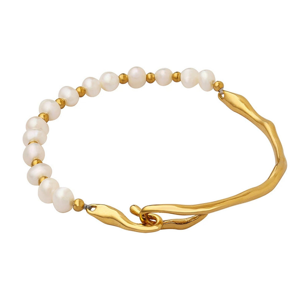 Bracelet baroque en perles d'eau douce en acier inoxydable avec revêtement en or 18k