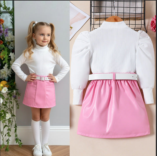 Petites filles Puff-Sleeve Top Solid-Color PU jupe et ceinture