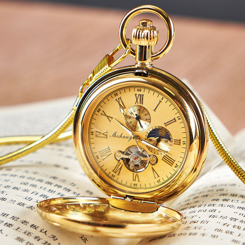Couverture pliante double affichage Sun-moon-star Montre de poche mécanique automatique