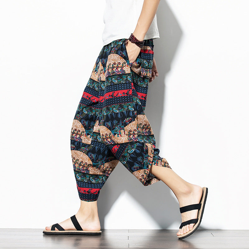 Pantalon imprimé en coton et en lin