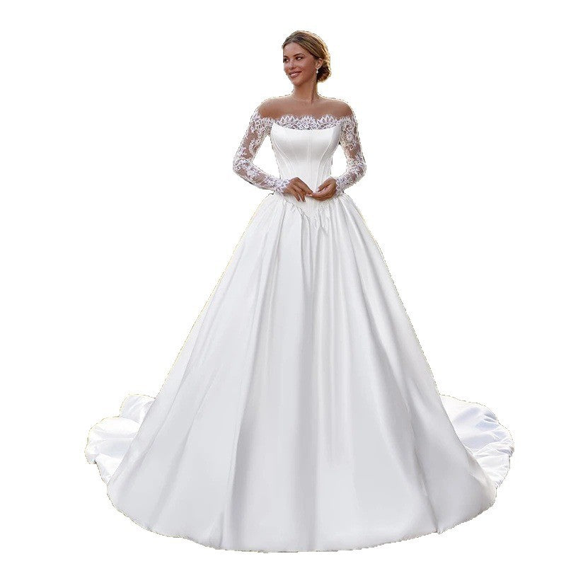 Robe de mariée satinée en dentelle à épaule unique