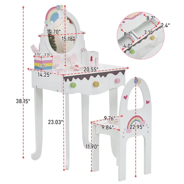 Kids Vanity Table et jeu de chaise avec 7pcs Pretend Jouets de maquillage de jeu