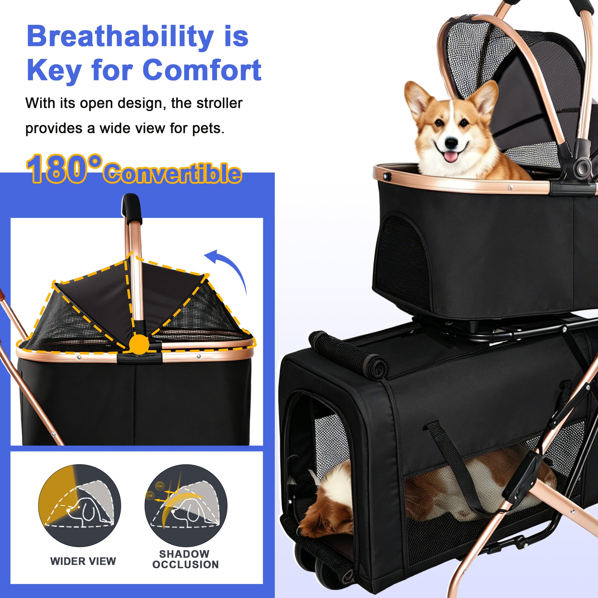 Poussette 3-en-1 pour petits chiens moyens Chats