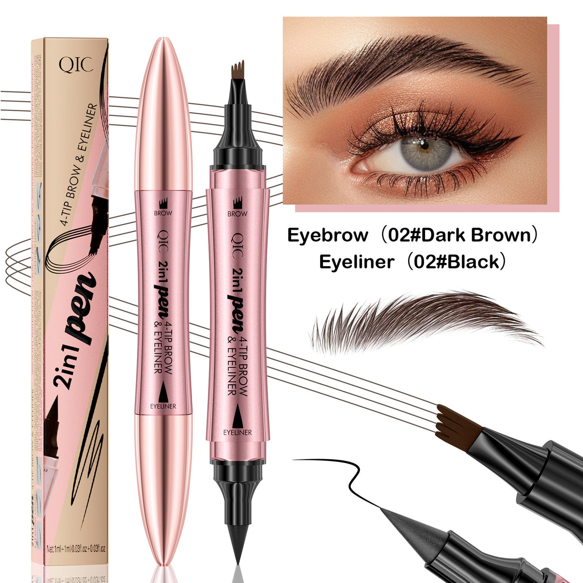 Double-tête 3D Micro-câble liquide à quatre fourches Crayon Eyeliner 2-en-un Double-purpo
