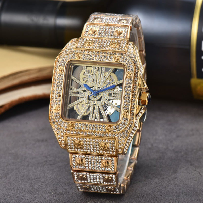Square diamond-encrusted quartz movement steel bracelet