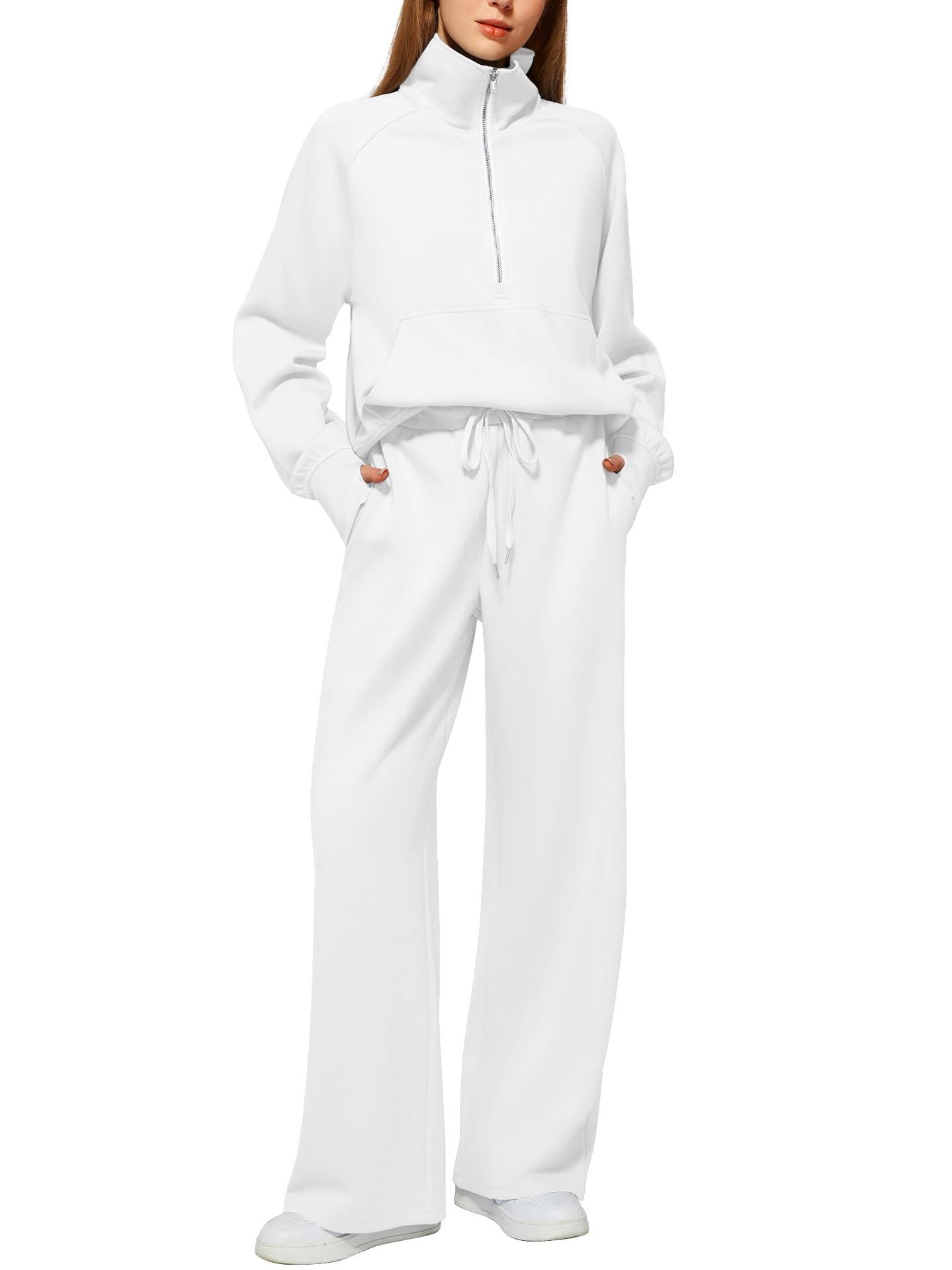 European and American Amazon Women's Two Piece Set Sweatshirt surdimensionné demi-zip Wide-Leg