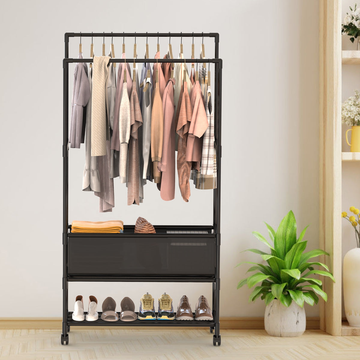 1Pc Double Rods Garment rack avec sac de rangement Portable rack de vêtements avec étagères verrouillables