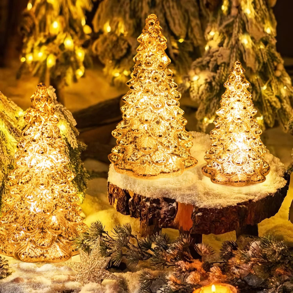 Figurine d'arbre de Noël en verre éclairé avec minuterie de 3 décorati de Noël en verre de mercure