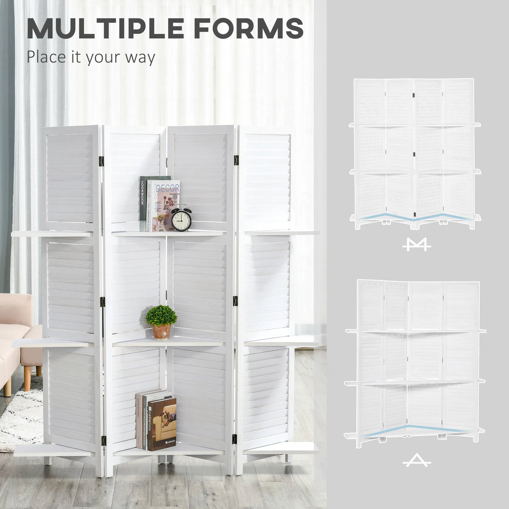 Séparateur de salle de séparation murale 4 panneaux avec 3 étagères de rangement Cadre en bois pliable