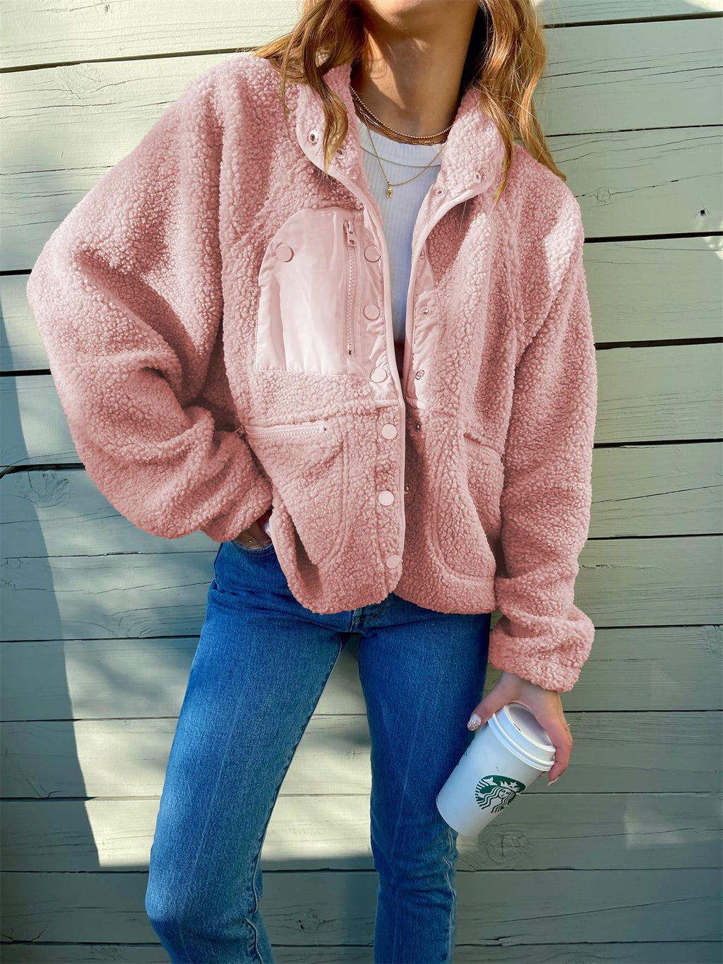 Veste en peluche cardigan courte Laine d'agneau