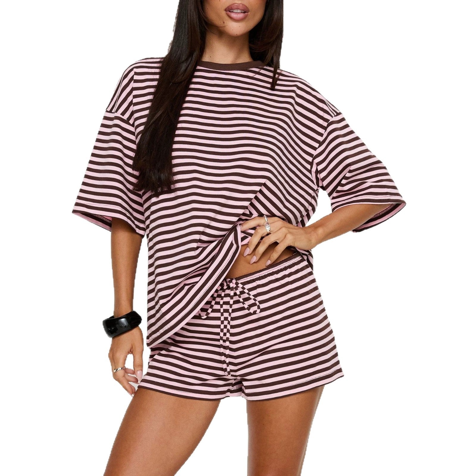Ensemble de shorts à manches courtes à cordon rayé pour femmes mode