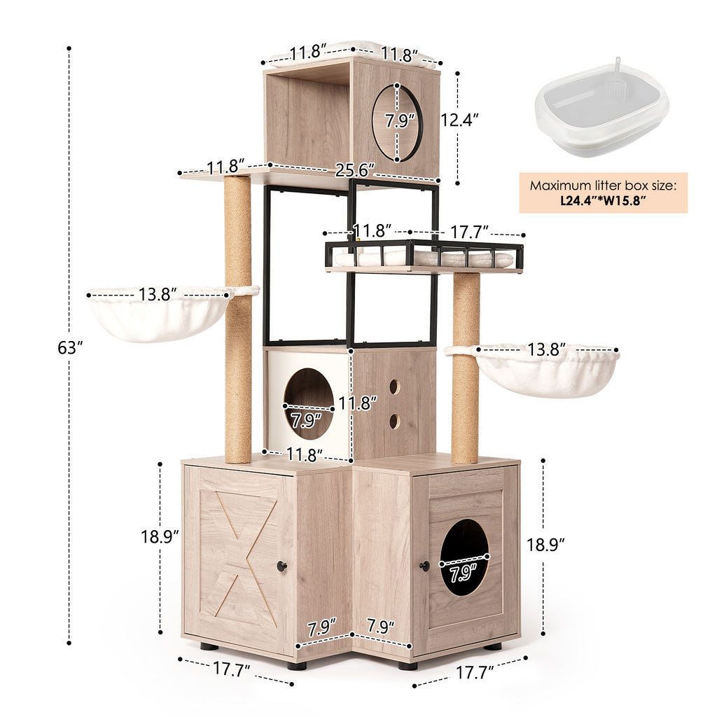 Arbre à chat multifonctionnel de 63" avec boîte à litière - Comprend un coussin lavable amovible