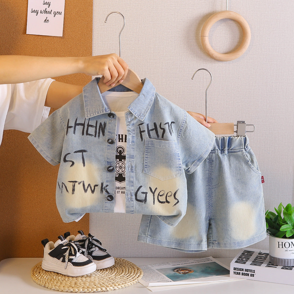Alphabet Denim Short-Sleeve Baby Thin Three-Piece Trendy Outfit