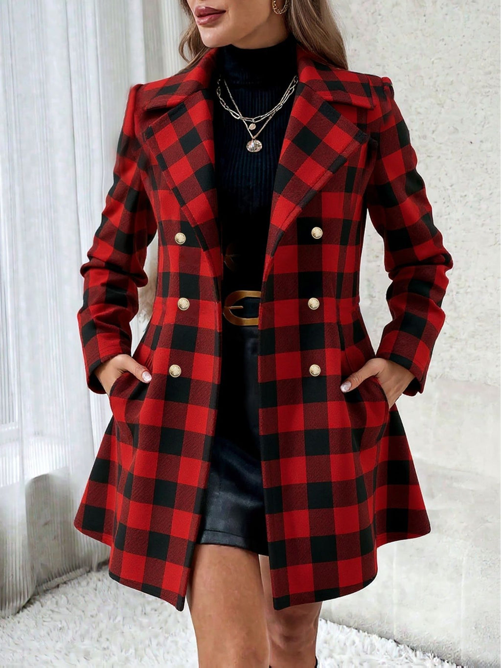 Plus-taille Contraste-couleur Plaid Flèche doublée de mollet-fit manteau pour les femmes