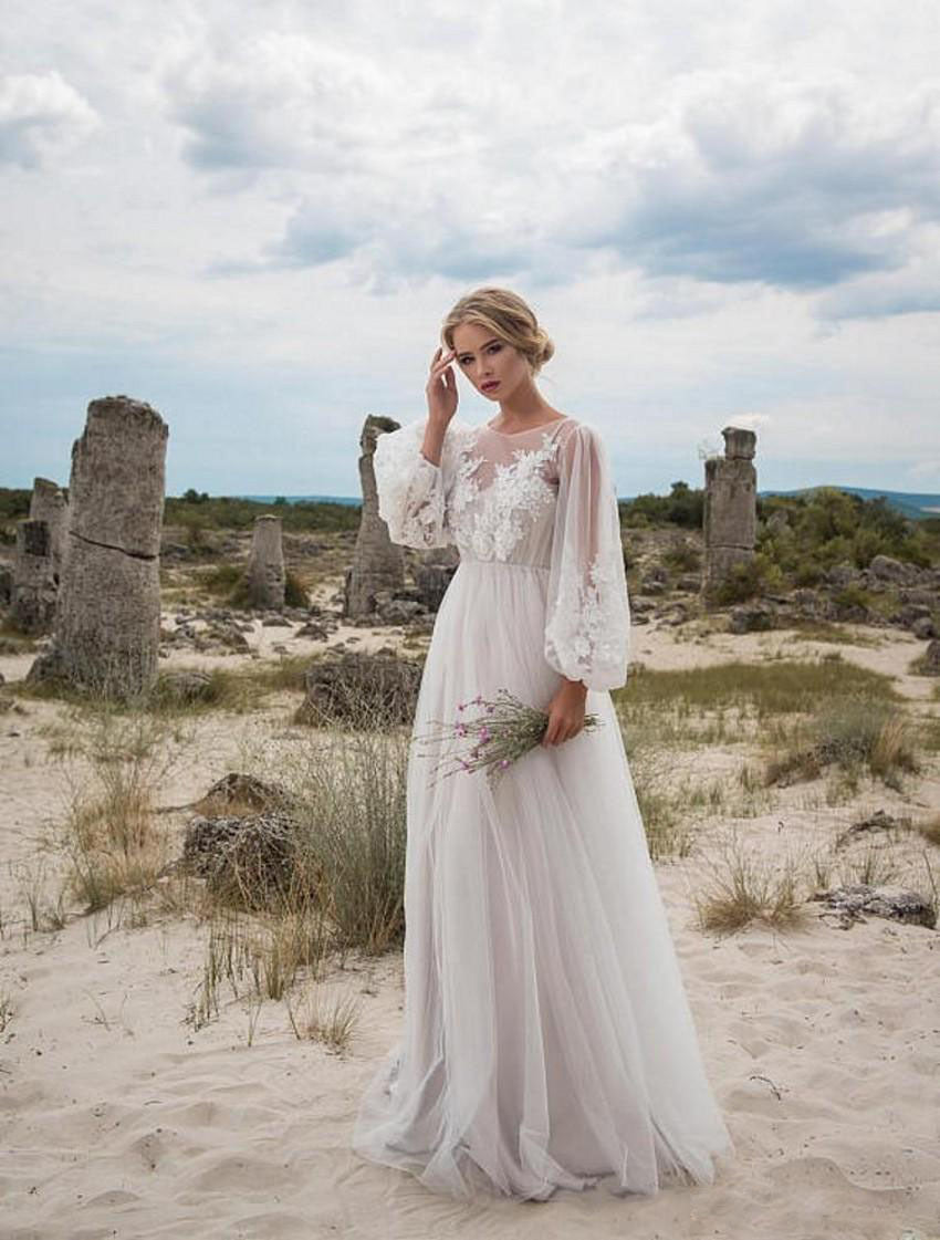 Col rond Gauze Brodé Robe de mariée en une seule pièce