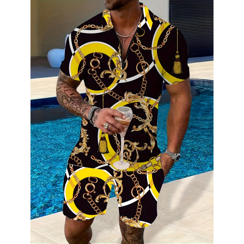 Deux-pièces Lapel Zipper Printed Leisure Sports