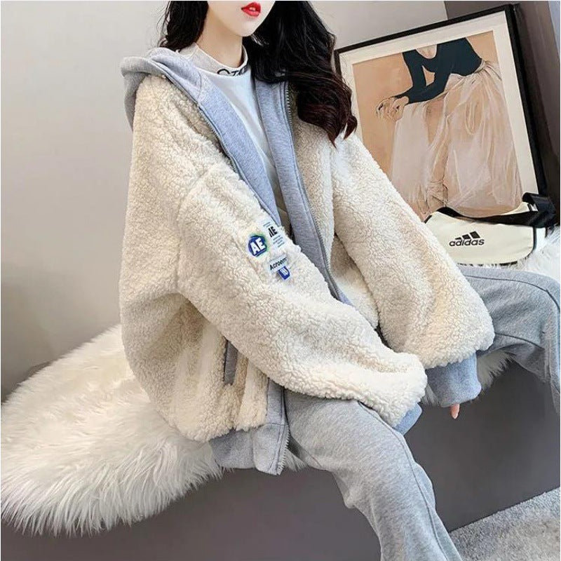 Patchwork de style coréen à capuche à capuche en bloc de couleur Manteau pour femmes