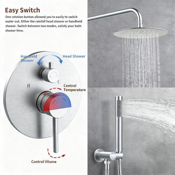 Système de douche Robinet de douche Combo Set mural avec tête de douche pluie 10" et main