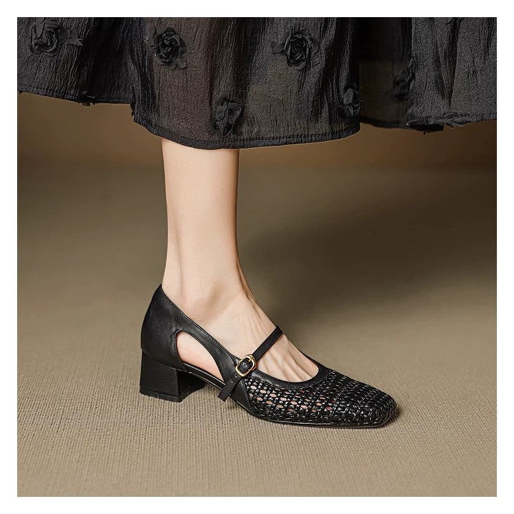 Carré Toe Woven Openwork Mary Jane Sandals Femmes Mid Heel Bracelet simple
