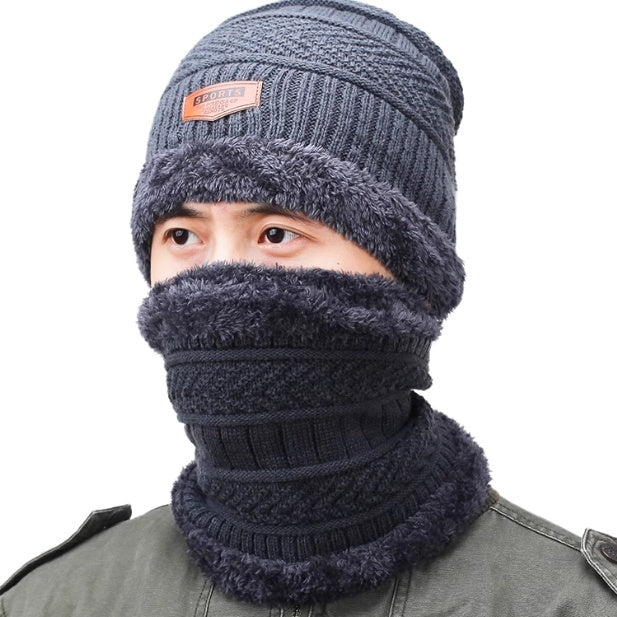 Chapeau d'hiver Protection de l'oreille chaude des hommes Chapeau tricoté en polaire Écharpe épaissée Ensemble de deux pièces