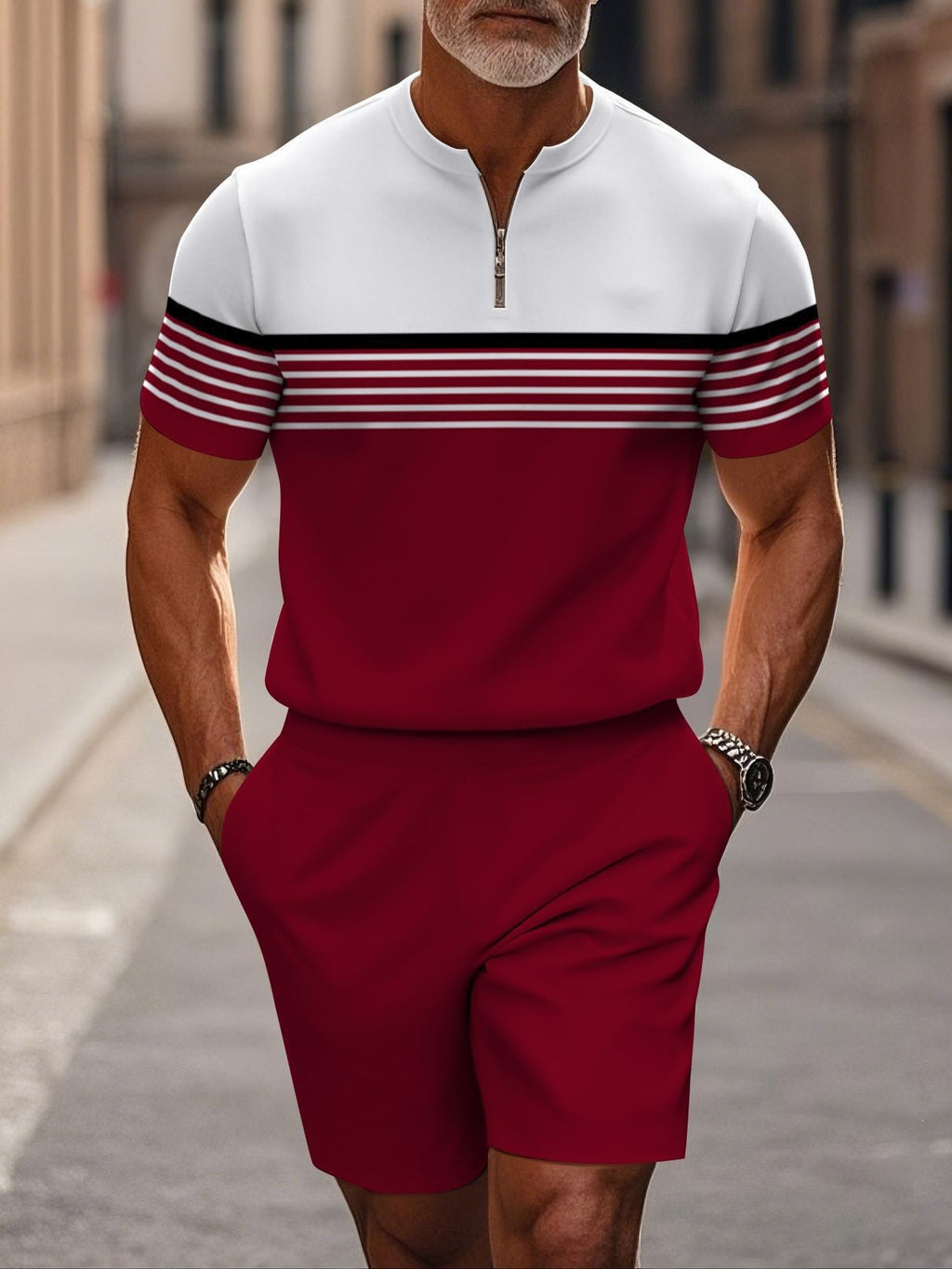 Shorts Zip en col mandarin et manches courtes pour hommes