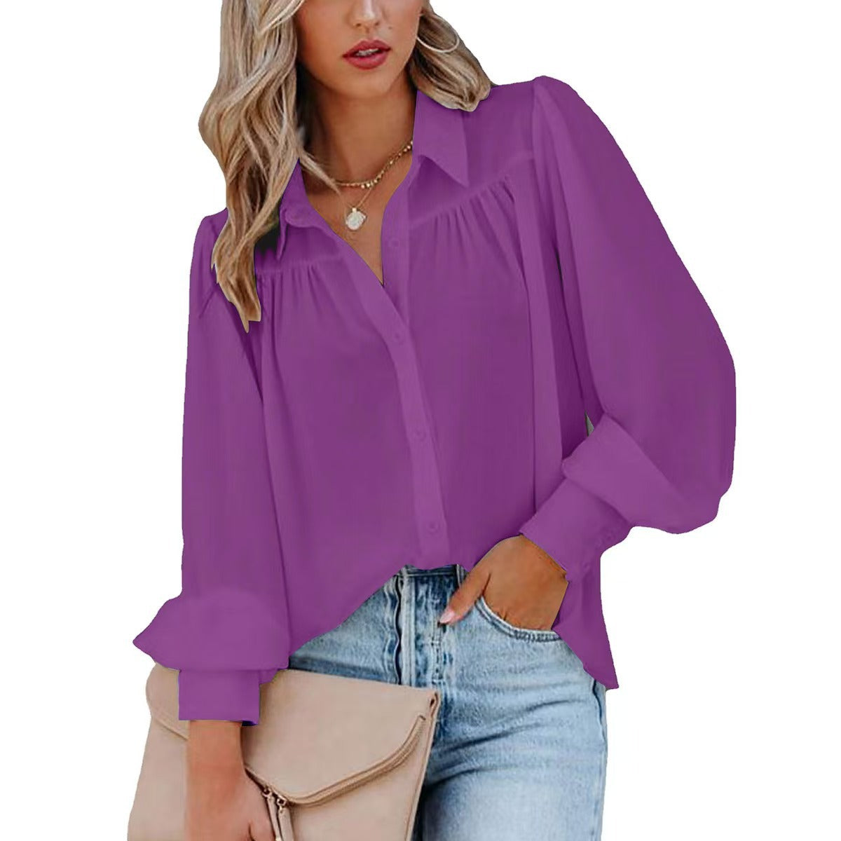 Tie-Up Amazon Manches de lanterne plissées Collier de support de couleur solide