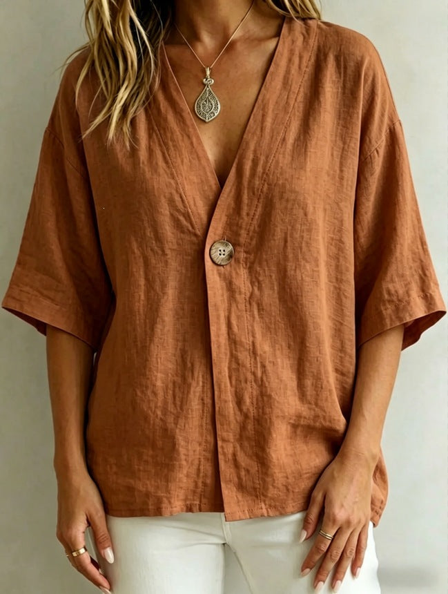 PrintempsÉté Femmes Casual Loose-Fit Solid-Color V-Neck Top avec Boutons