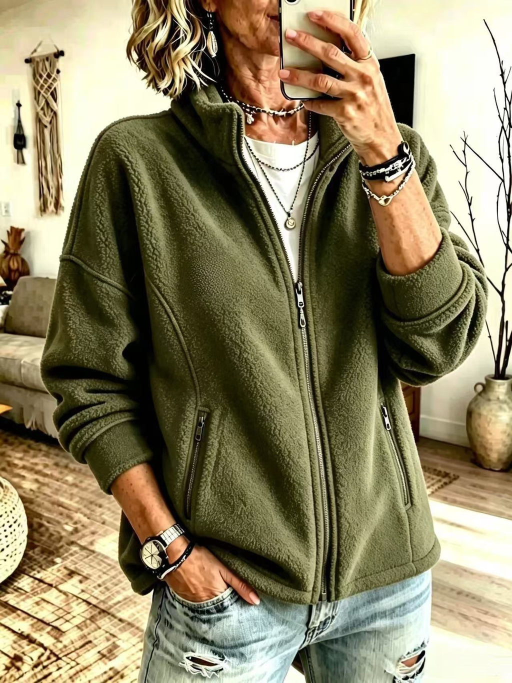 En stock European and American Autumn And Winter Stand-up Collier Full-zip Fleece Anti-thef