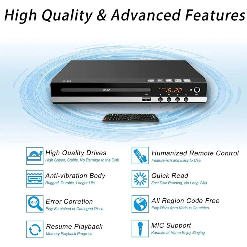Region Free DVD Player with Remote Control USB Multi Region & HDMIAV Cable UK
