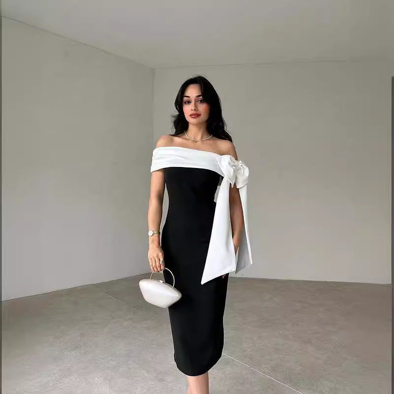 Femmes hors-épaule Bow noir et blanc couleur assorti Elégant robe de cocktail