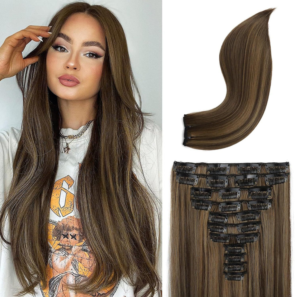 11-pièces 24-pouces Long droit Extension cheveux Pièces de perruque noire