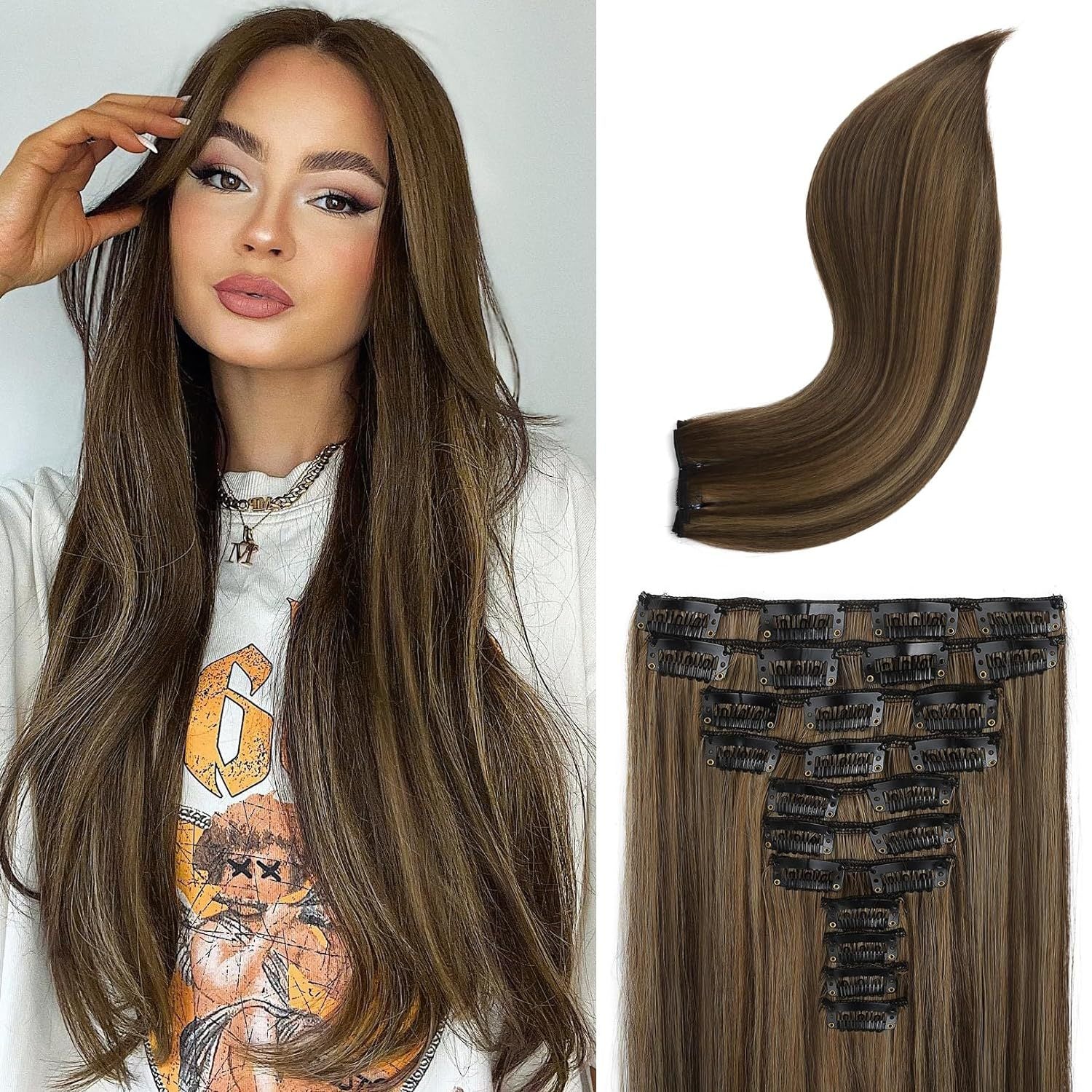 11-pièces 24-pouces Long droit Extension cheveux Pièces de perruque noire