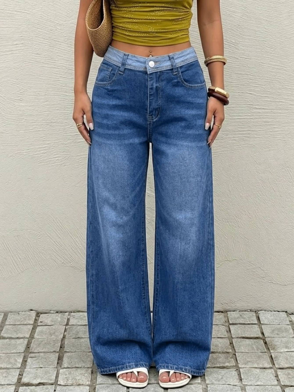 Femmes Contraste Waistband Haute Denim Jeans Denim Moyen Bleu Loose Large Leg Soft Laved Cas