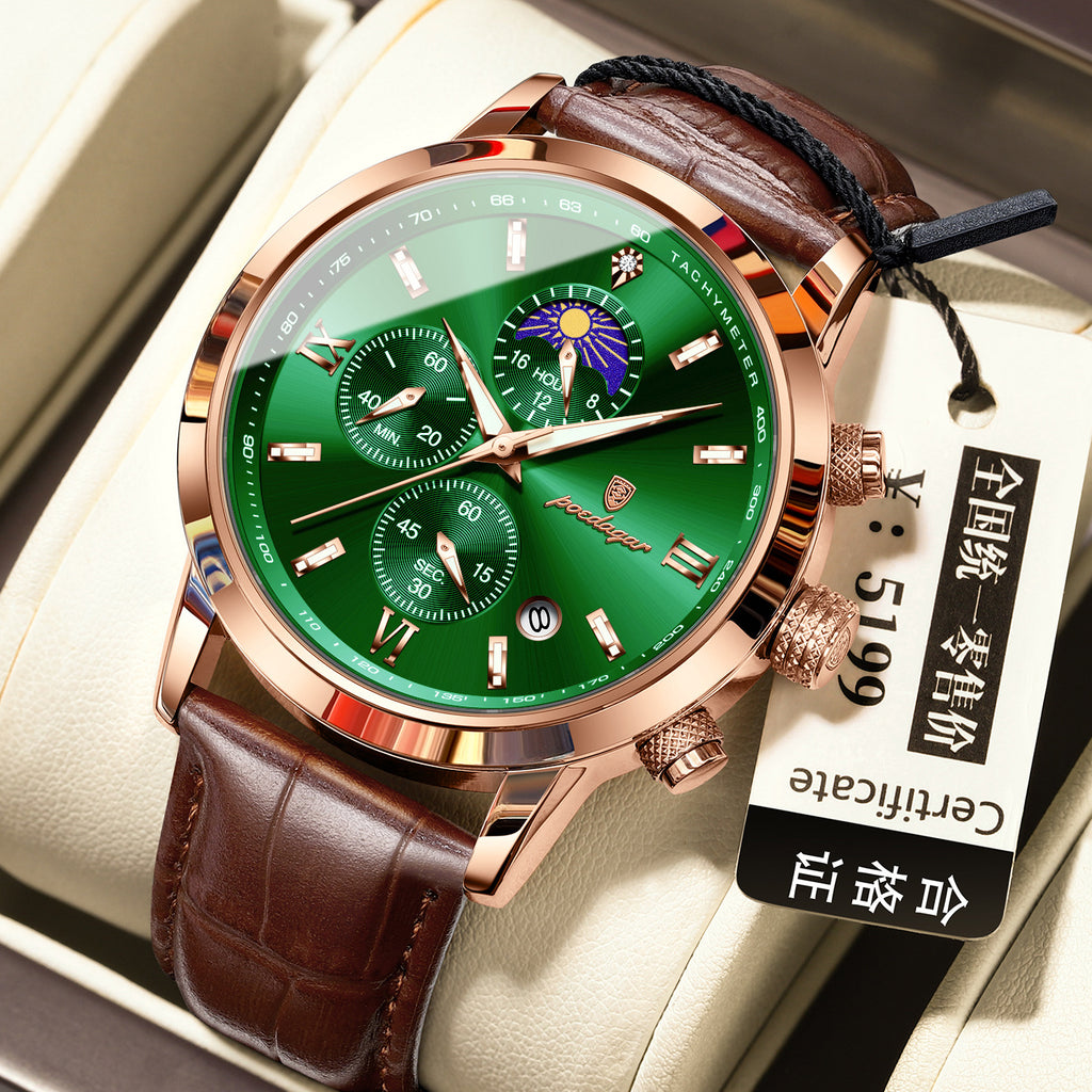 Montre homme avec phase lune et chronographe multifonction