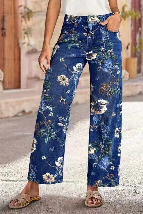 Les femmes de style américain imprimé denim printemps et automne droit grand-leg pantalons Denim City